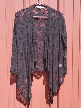 Cleo Petites  Black Lace Draped Open-Front Cardigan
